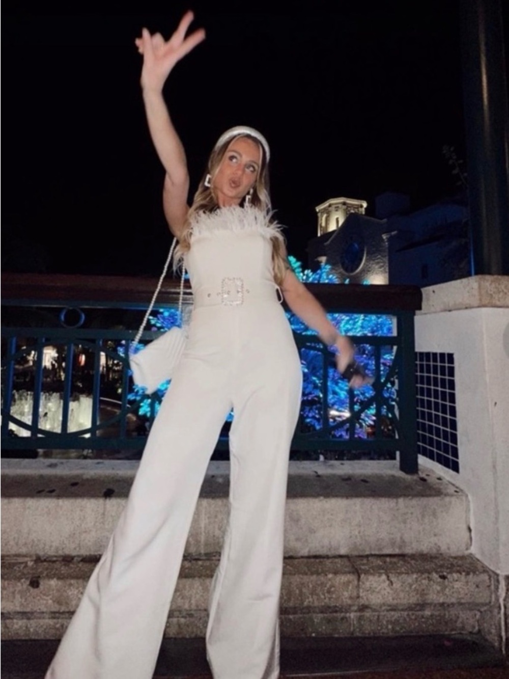 12th Tribe White Feather-Trim Wide-Leg Jumpsuit